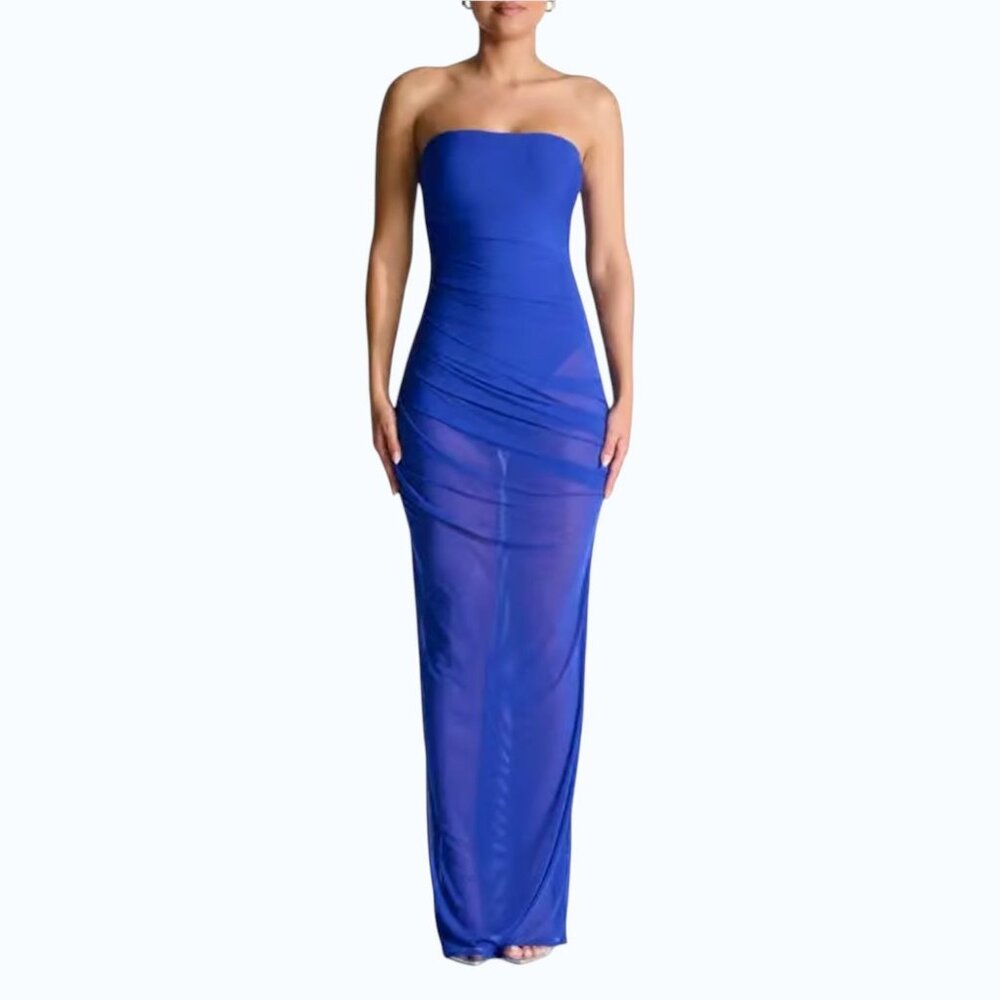 Naked Wardrobe Strapless Shirred Sheer Mesh Dress M Bodycon Sexy Draped Baddie